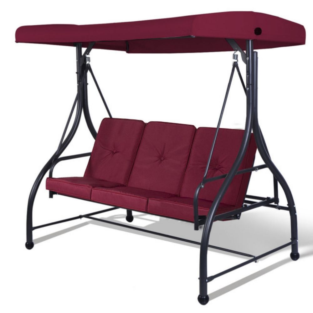 3-Person Black Metal Patio Swing with Claret Cushion