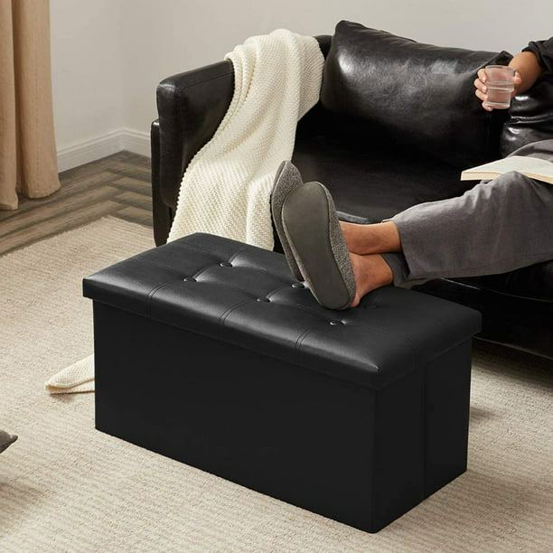 30 inches Folding Storage Ottoman, 80L Storage Bench for Bedroom and Hallway, Faux Leather Black Footrest with Foam Padded Seat, Support 350lbs