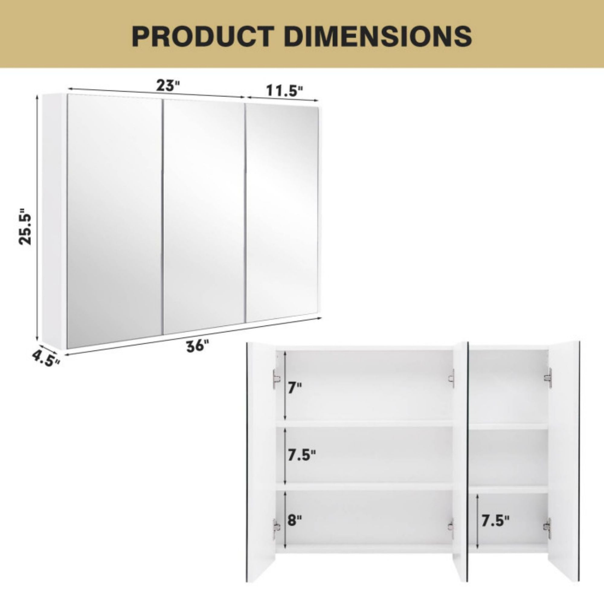 4.5 in. W x 36 in. D x 25.5 in. H White Bathroom Storage Wall Cabinet with Mirror and Adjustable Shelves