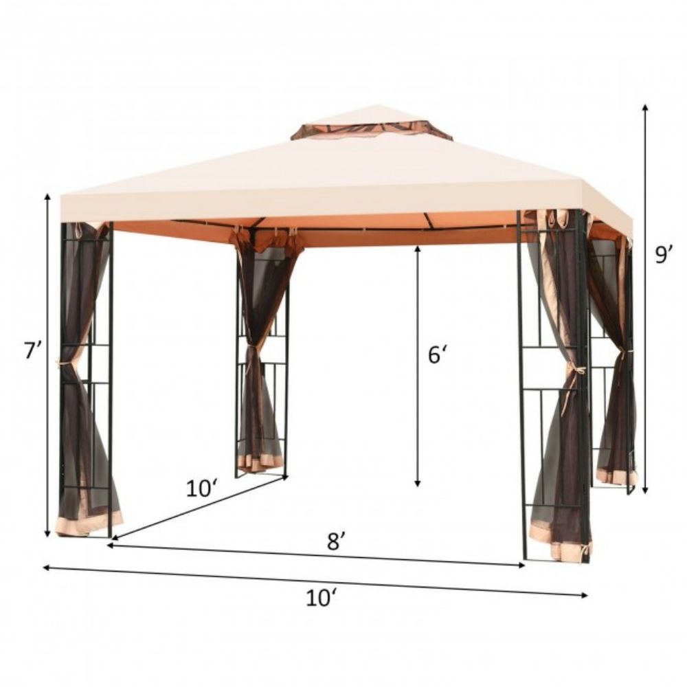 10 ft. x 10 ft. Beige 2 Tier Outdoor Patio Pop-Up Vented Metal Canopy Tent with Mosquito Netting