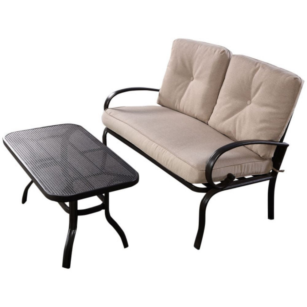 2-Piece Metal Outdoor Patio Fabric Loveseat and Table Set with Beige Cushions