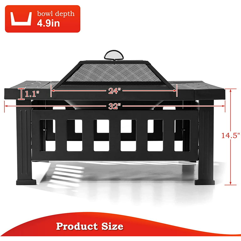 32 Inch Fire Pit Table for Outside Square Metal Firepit for Patio Backyard Garden