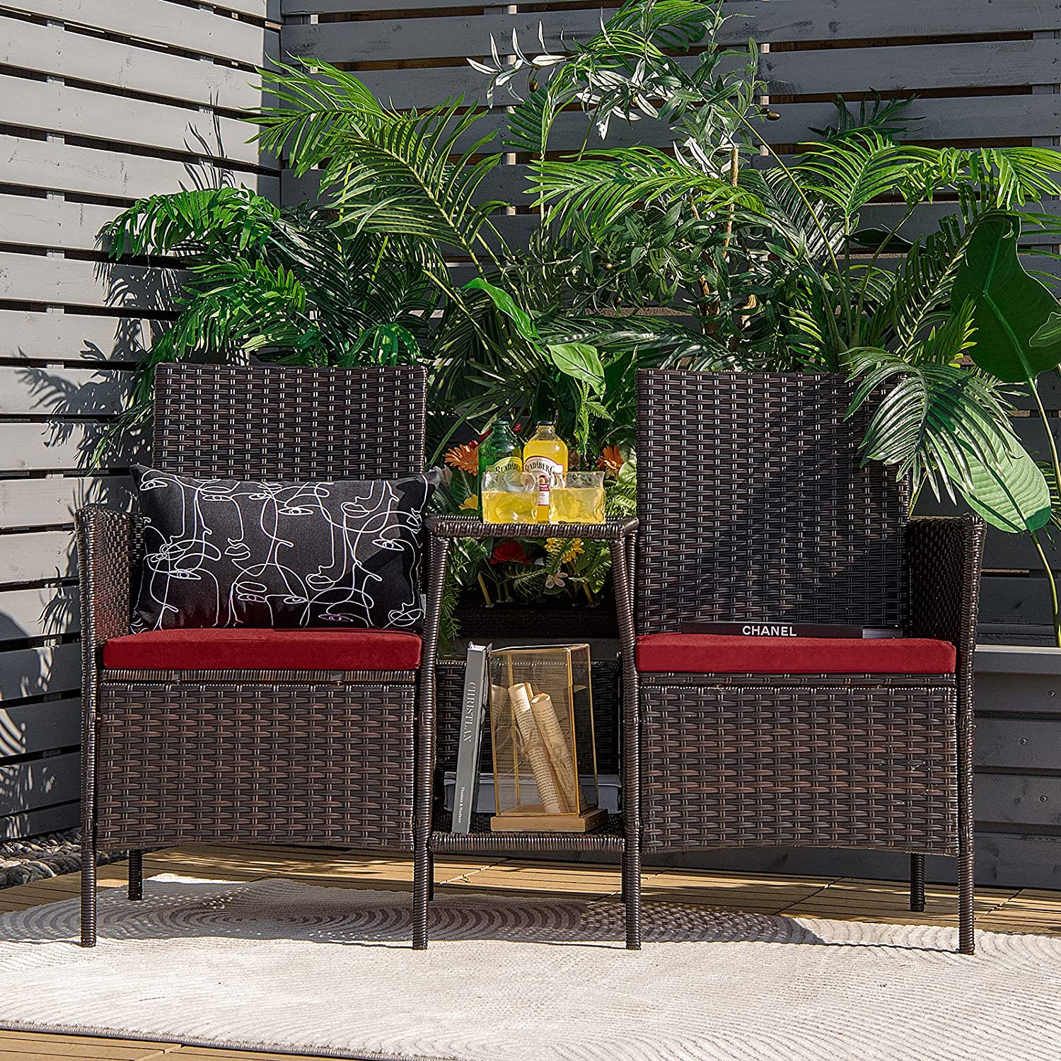 1-Piece Rattan Wicker Patio Conversation Loveseat Set with Red Cushions and Glass Table