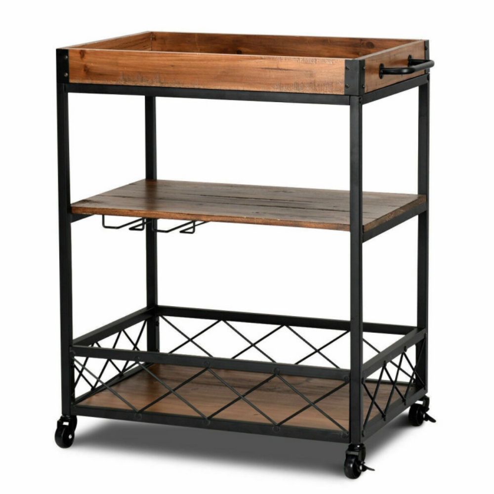 3-Tier Metal Brown Small Rolling Kitchen Cart Bar Serving Cart with Utility Shelf and Handle Racks