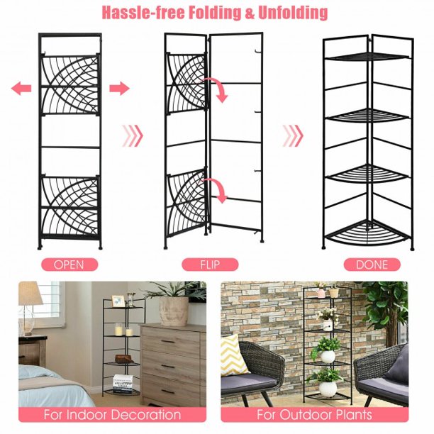 SUGIFT 4 Tier Folding Metal Shelf Plant Stand Storage Open Shelf Corner Display Rack