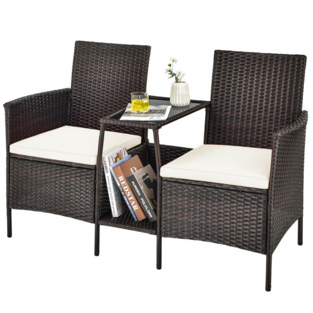 1-Piece Rattan Wicker Patio Conversation Loveseat Set with White Cushions and Glass Table