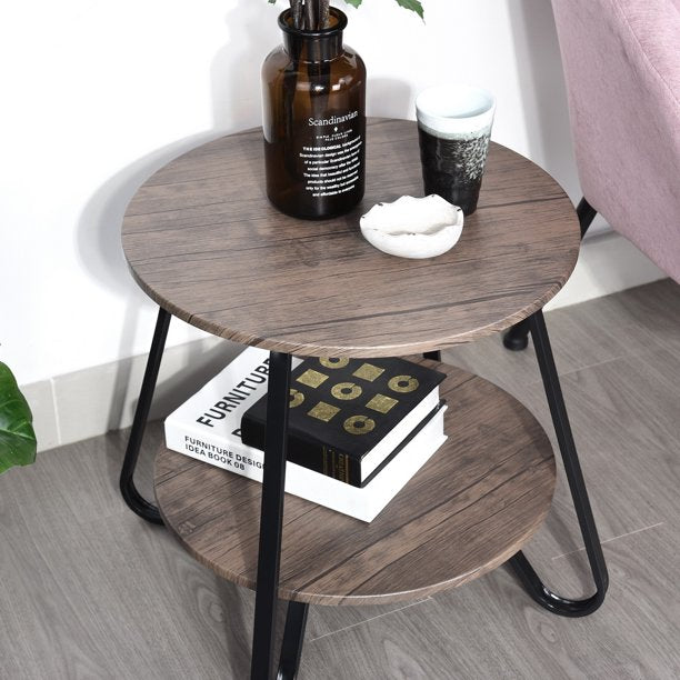 SUGIFT 2 Tiers Small Round Coffee Table End Table Side Nightstand with Storage Industry Rack Wood Table Accent Furniture Metal Frame Brown 18.1 inches