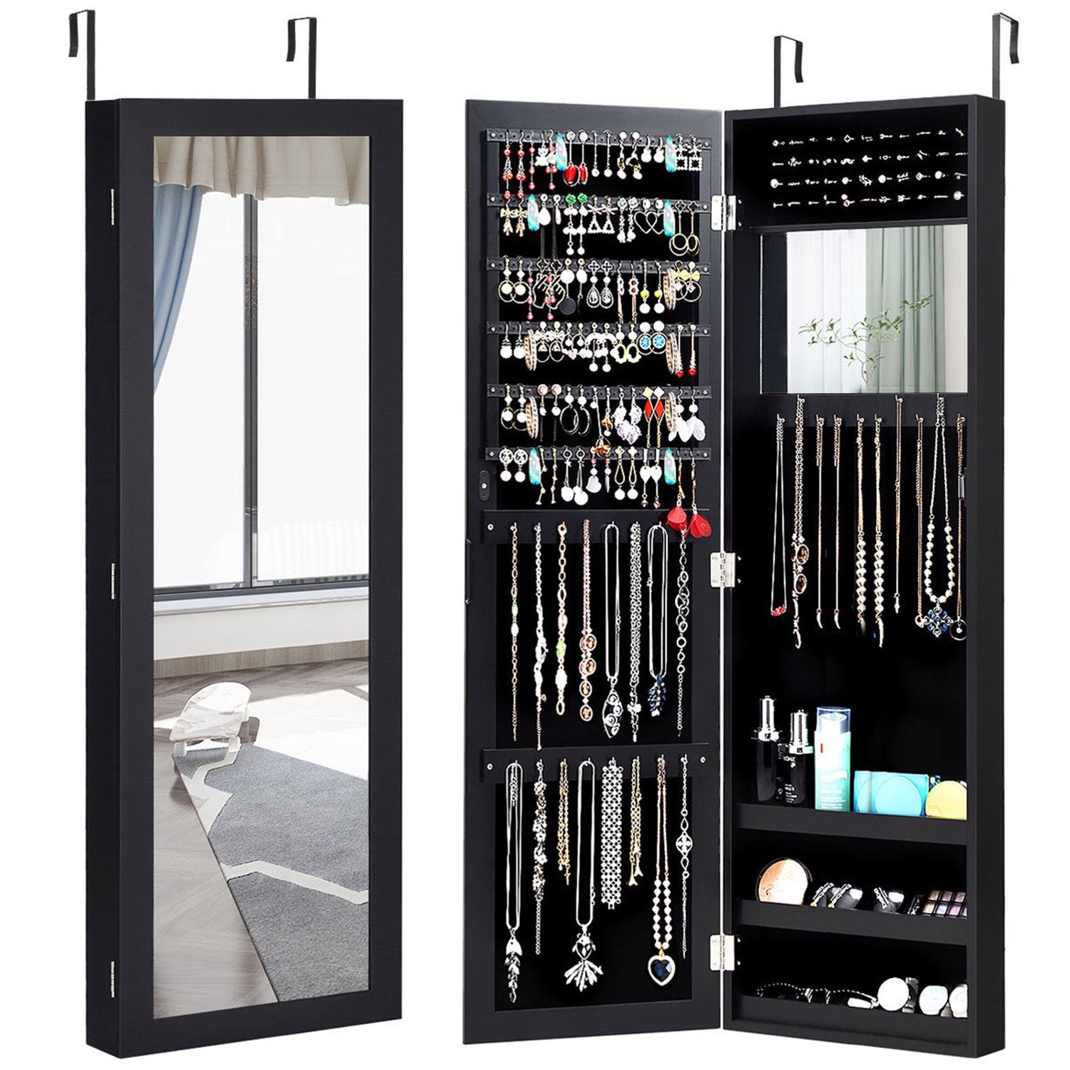 SUGIFT Wall Door Mounted Mirrored Jewelry Cabinet Storage Organizer Black