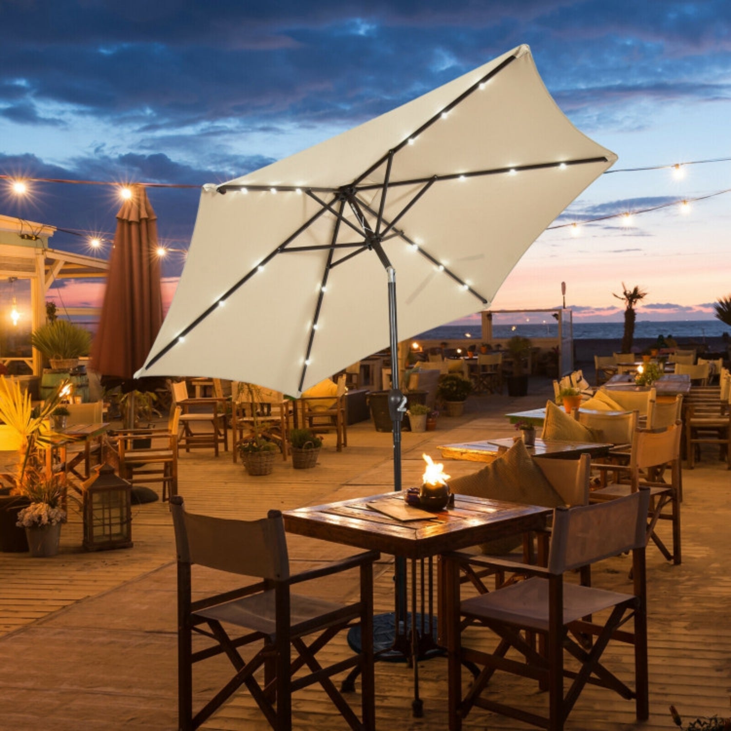 SUGIFT 9 Feet Solar LED Lighted Patio Market Umbrella Tilt Adjustment Crank,Beige