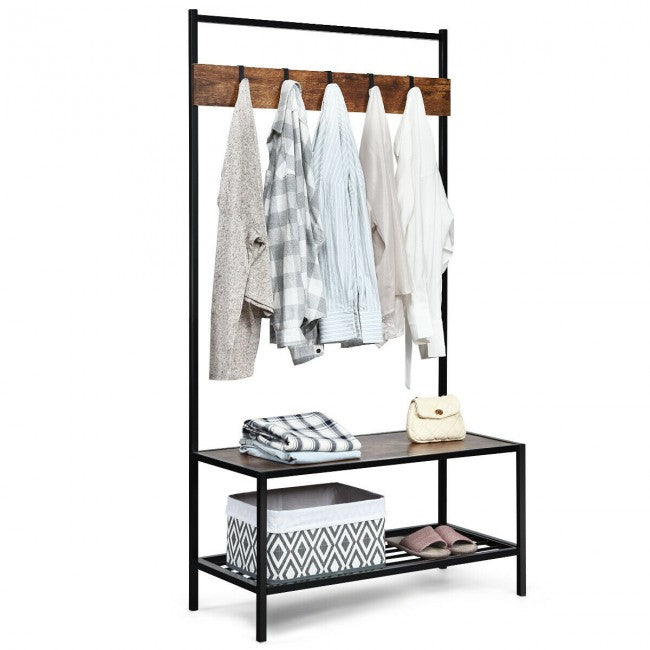 SUGIFT 3 in 1 Industrial Coat Rack with 2-tier Storage Bench and 5 Hooks,Coffee