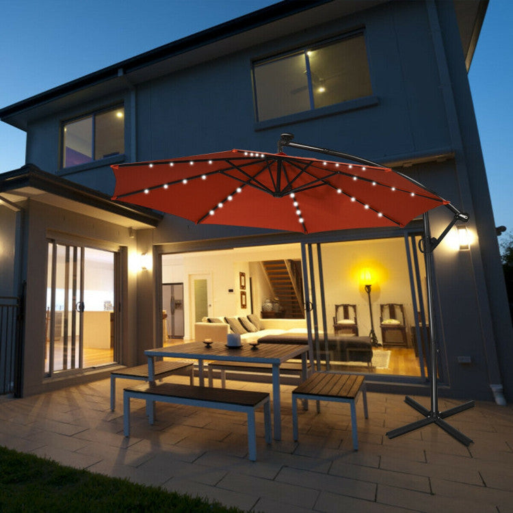 10 ft. 360-Degrees Rotation Aluminum Tilt Cantilever Patio Umbrella with LED Lights and Cross Base in Orange