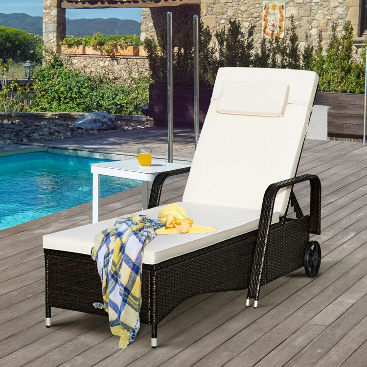 Brown Wicker Outdoor Patio Chaise Lounge with Adjustable Backrest and White Cushion