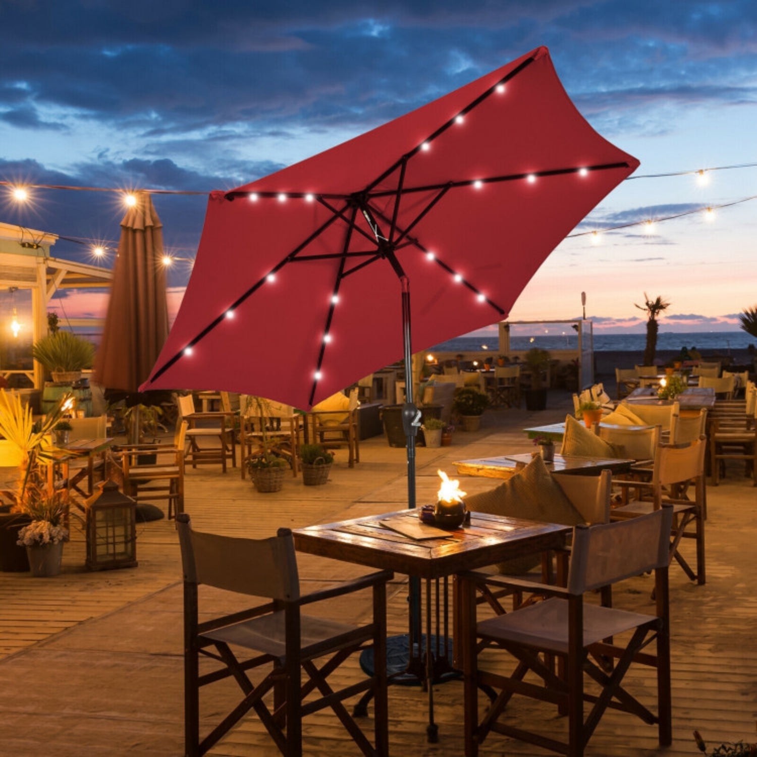 SUGIFT 9 Feet Solar LED Lighted Patio Market Umbrella Tilt Adjustment Crank,Dark Red