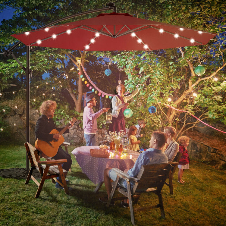 10 ft. Steel Cantilever Solar LED Outdoor Patio Umbrella with Cross Base in Red