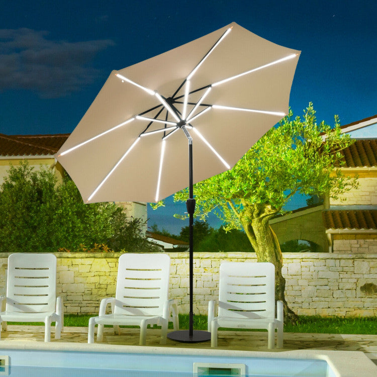 9 ft. Aluminum Market Solar Tilt Patio Umbrella with Crank and 16 Strip Lights in Beige