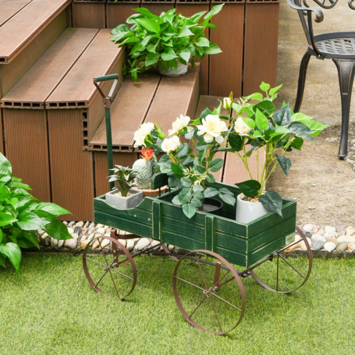 SUGIFT Wooden Wagon Plant Bed with Metal Wheels for Garden Yard, Green