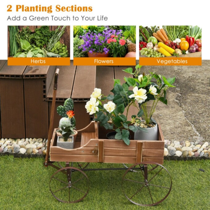 SUGIFT Wooden Wagon Plant Bed with Metal Wheels for Garden Yard, Brown