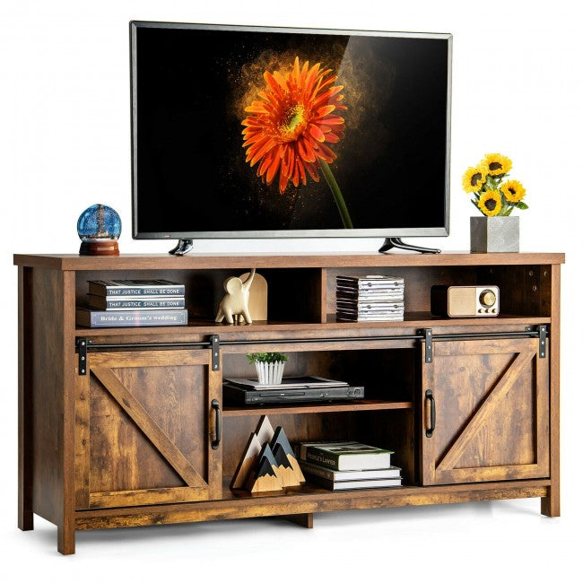 SUGIFT 59 Inch TV Stand with Sliding Double Barn Door for TVs up to 65 Inch,Coffee