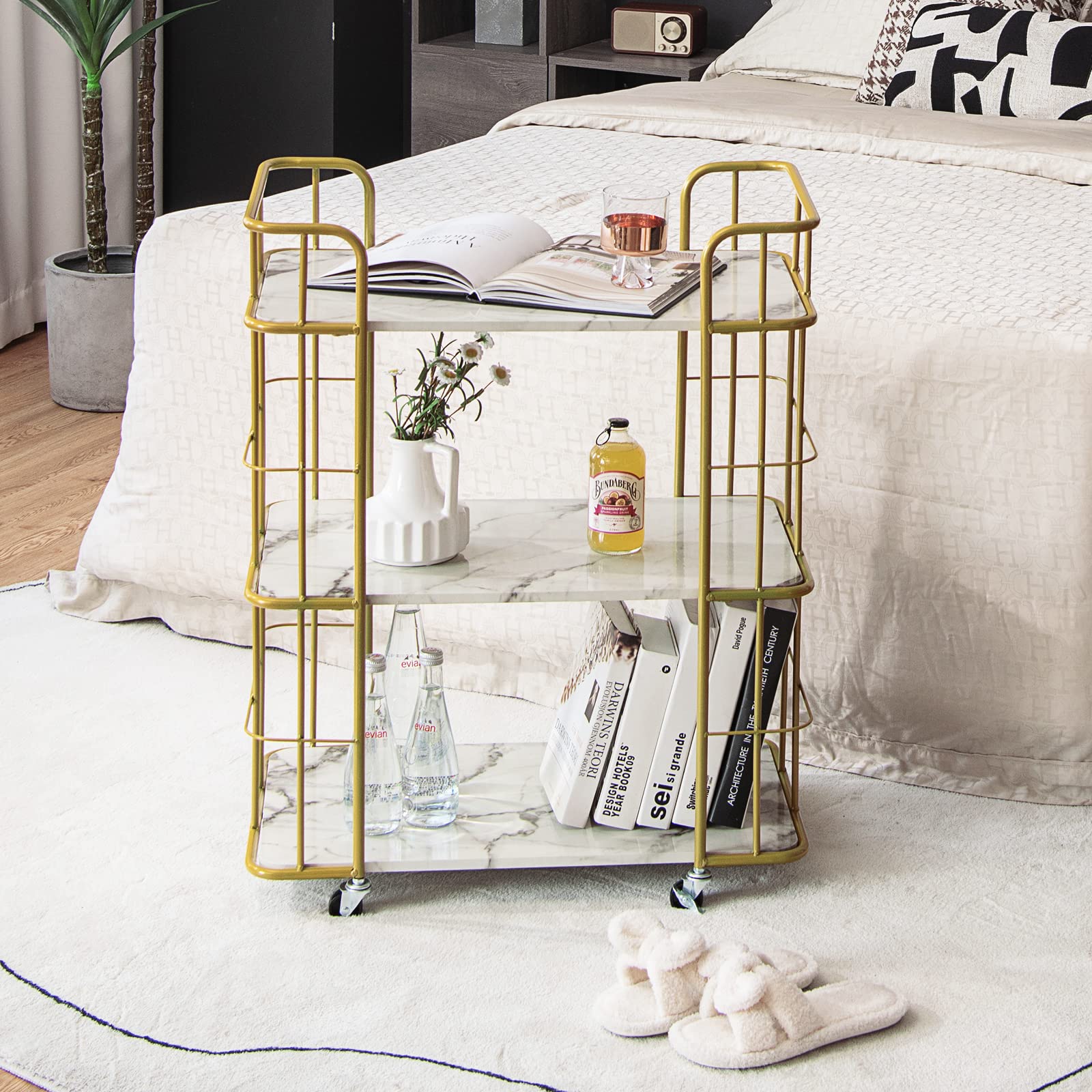 Gold Metal Frame Rolling Glass Kitchen Cart with 3-Shelves