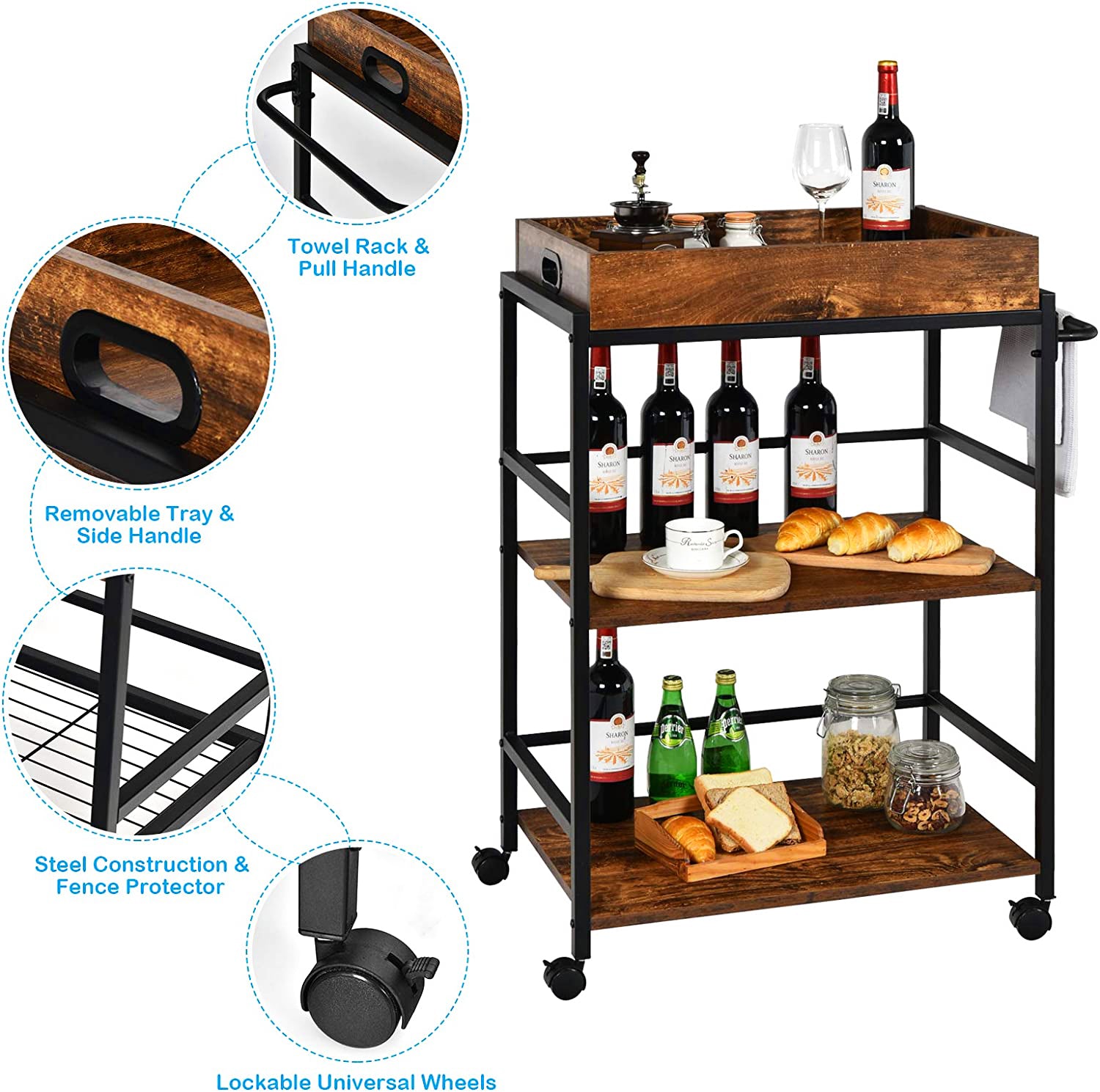 Brown Wood Kitchen Cart with Rack