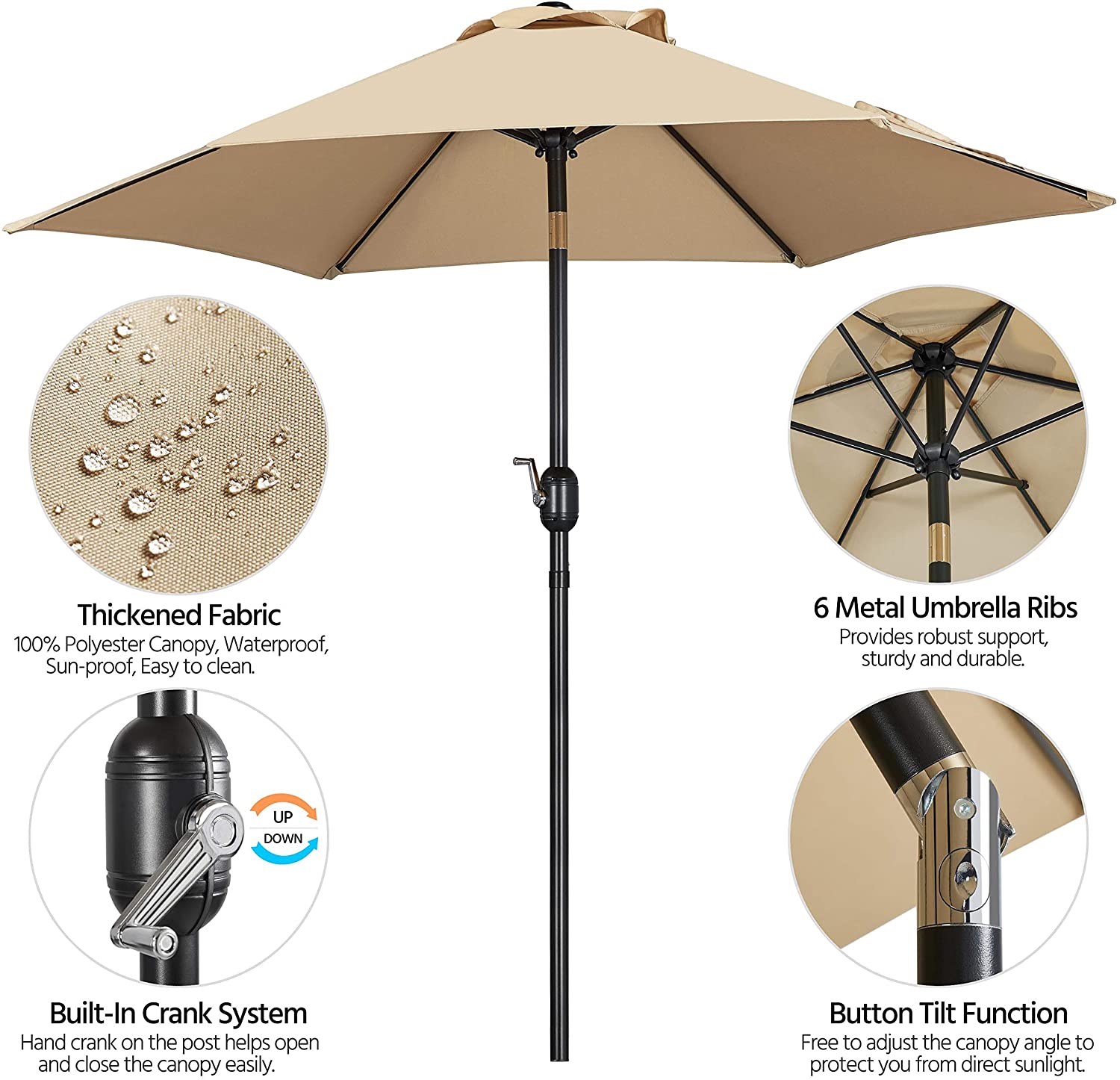 SUGIFT 7.5 ft. Market Outdoor Patio Umbrella with Push Button Tilt and Crank in Beige