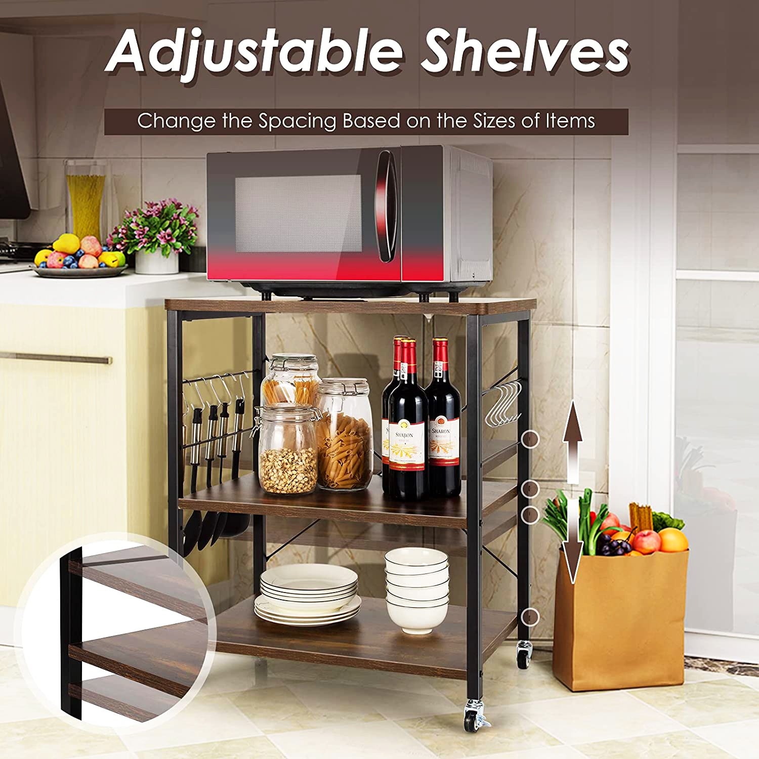 3-Tier Brown Wood Kitchen Cart with 10-Hooks