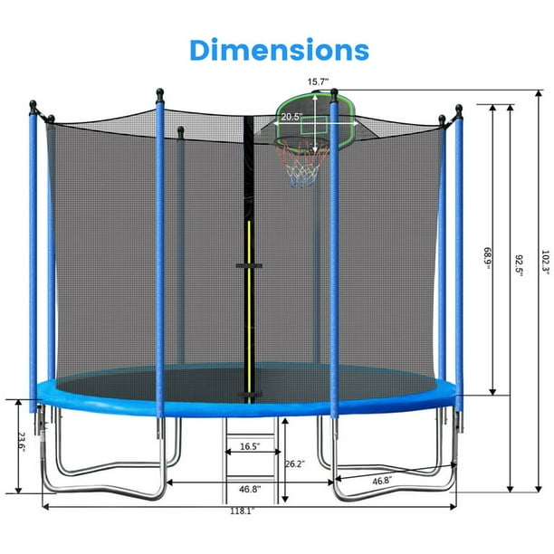 SUGIFT10ft Trampoline for Kids with Basketball Hoop and Enclosure Net/Ladder,Blue