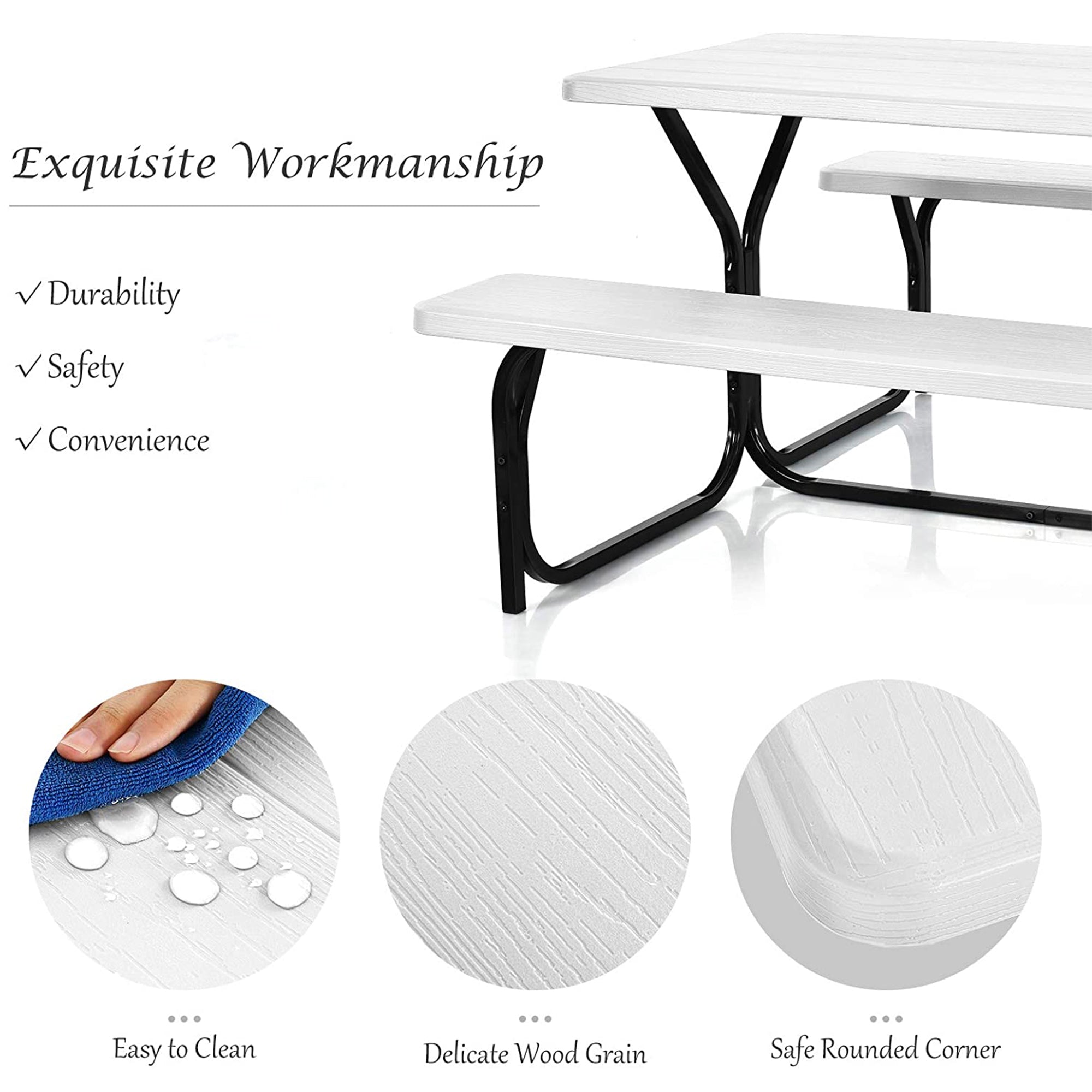 White All-Weather Metal Outdoor Picnic Table Bench Set with Metal Base Wood