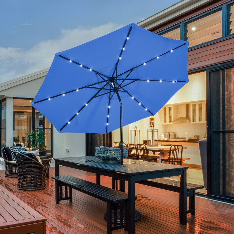 10 ft. Metal Market Solar Tilt Patio Umbrella in Navy with Crank and LED Lights