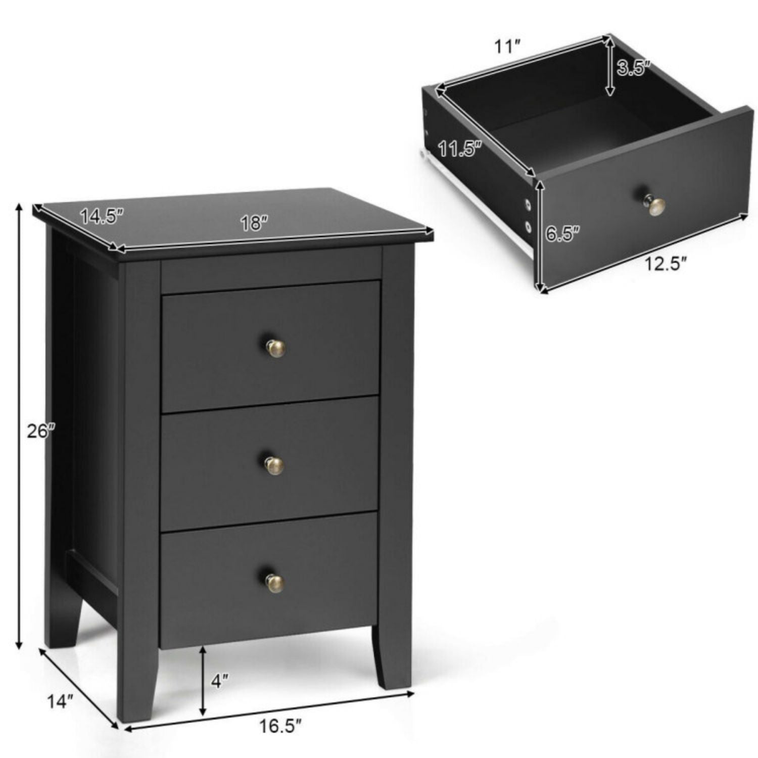 SUGIFT Nightstand End Beside Table Drawers Modern Storage Bedroom Furniture-Black