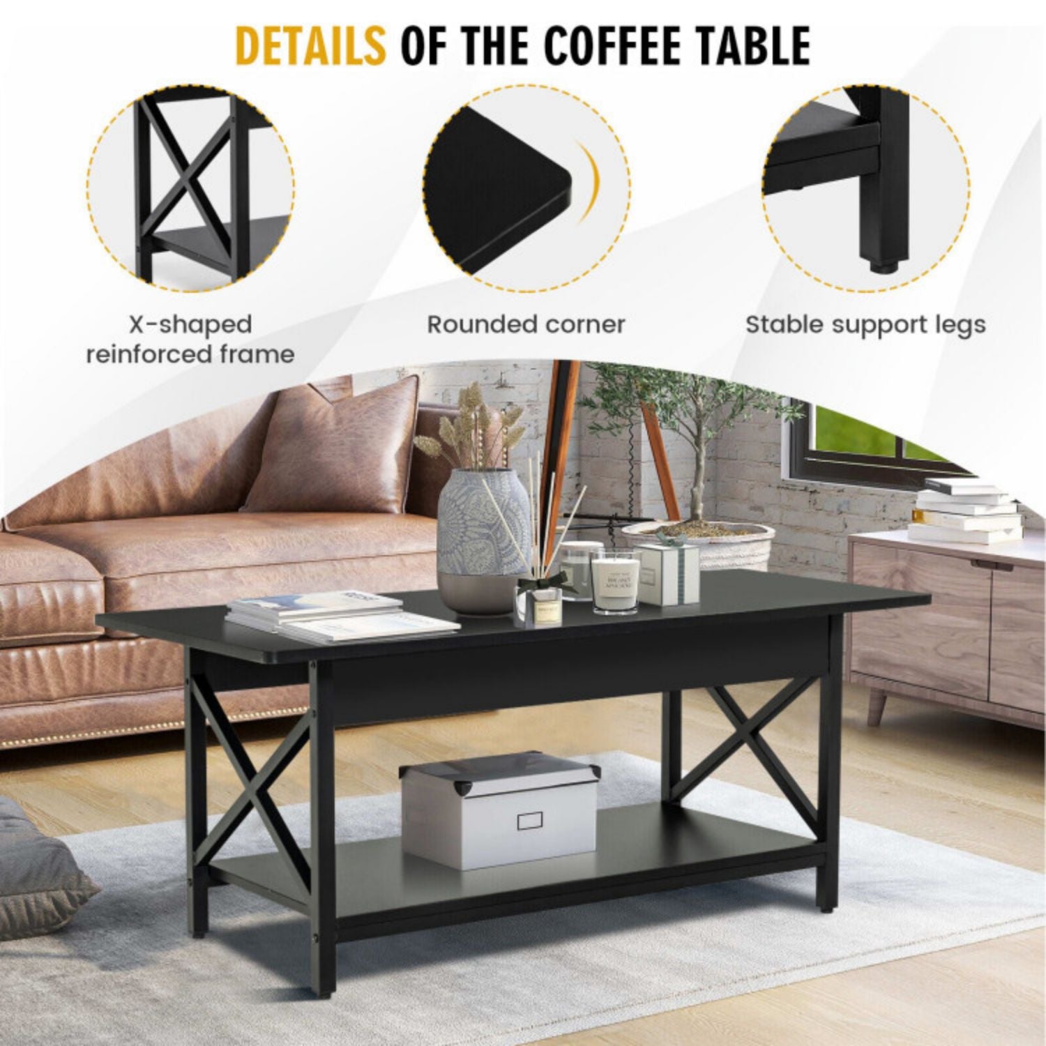 SUGIFT 2-Tier Industrial Rectangular Coffee Table with Storage Shelf-Black