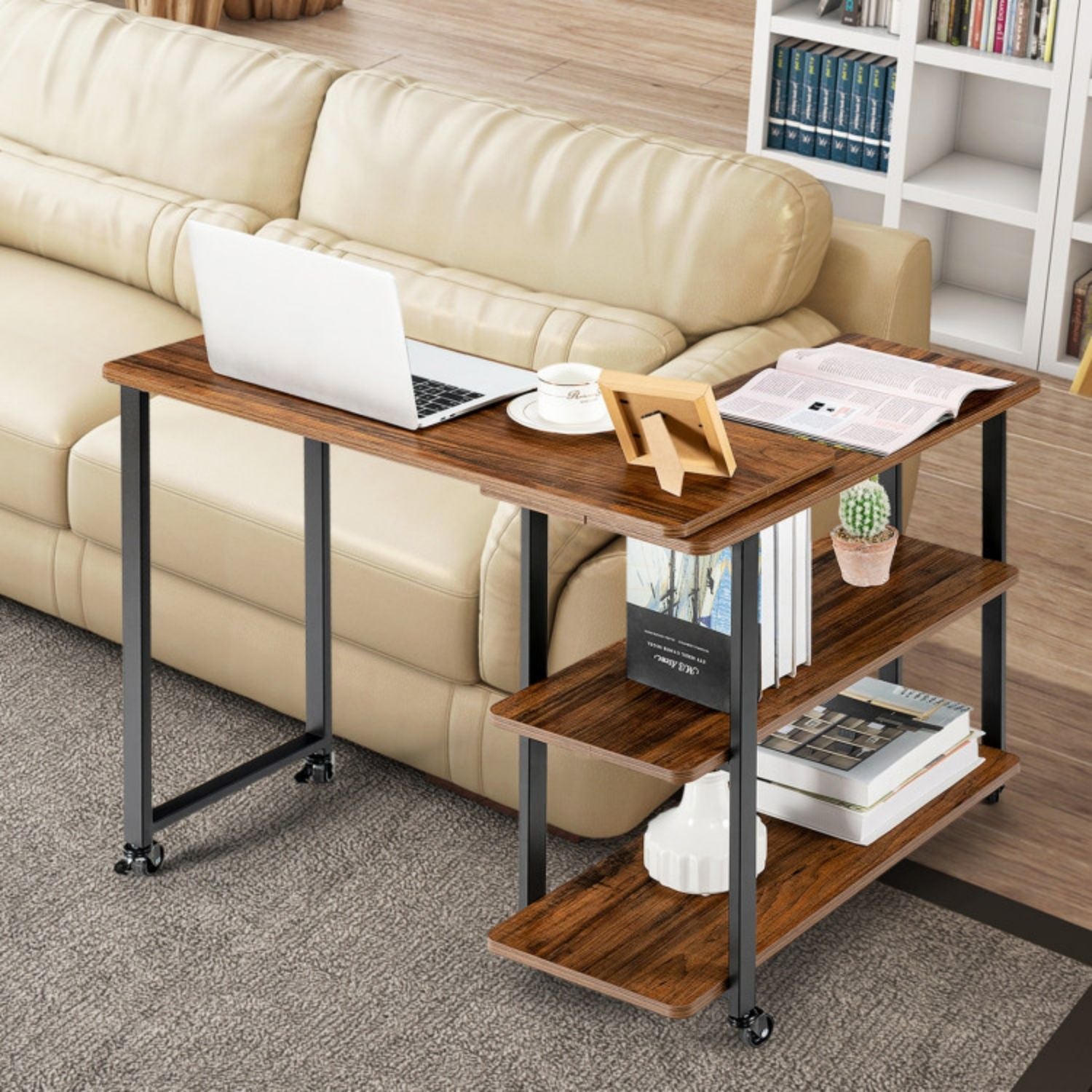 SUGIFT 360¡ã Rotating Sofa Side Table with Storage Shelves and Wheels-Brown
