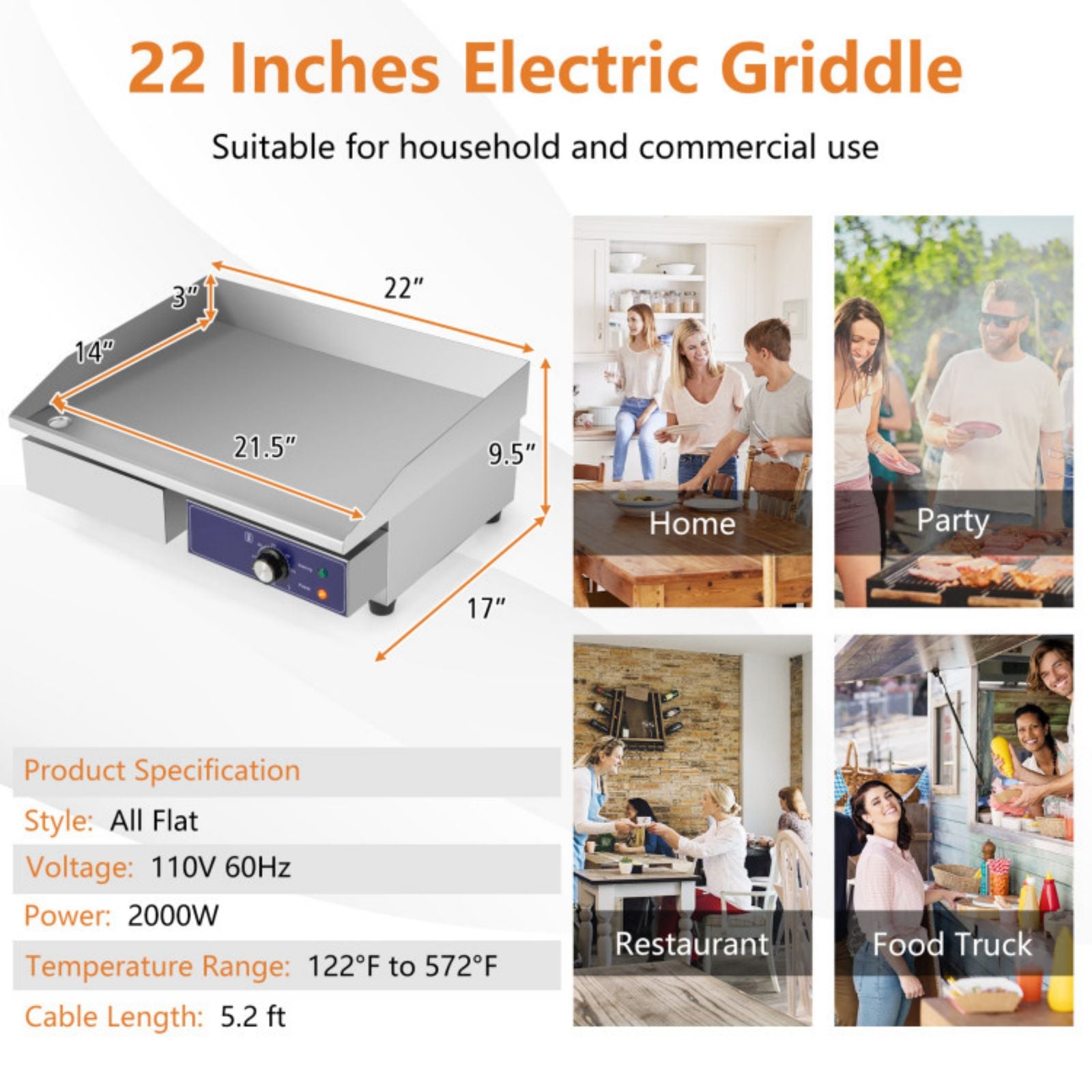 SUGIFT Commercial Electric Griddle with 122¨H-572¨H Adjustable Temperature Control-Silver