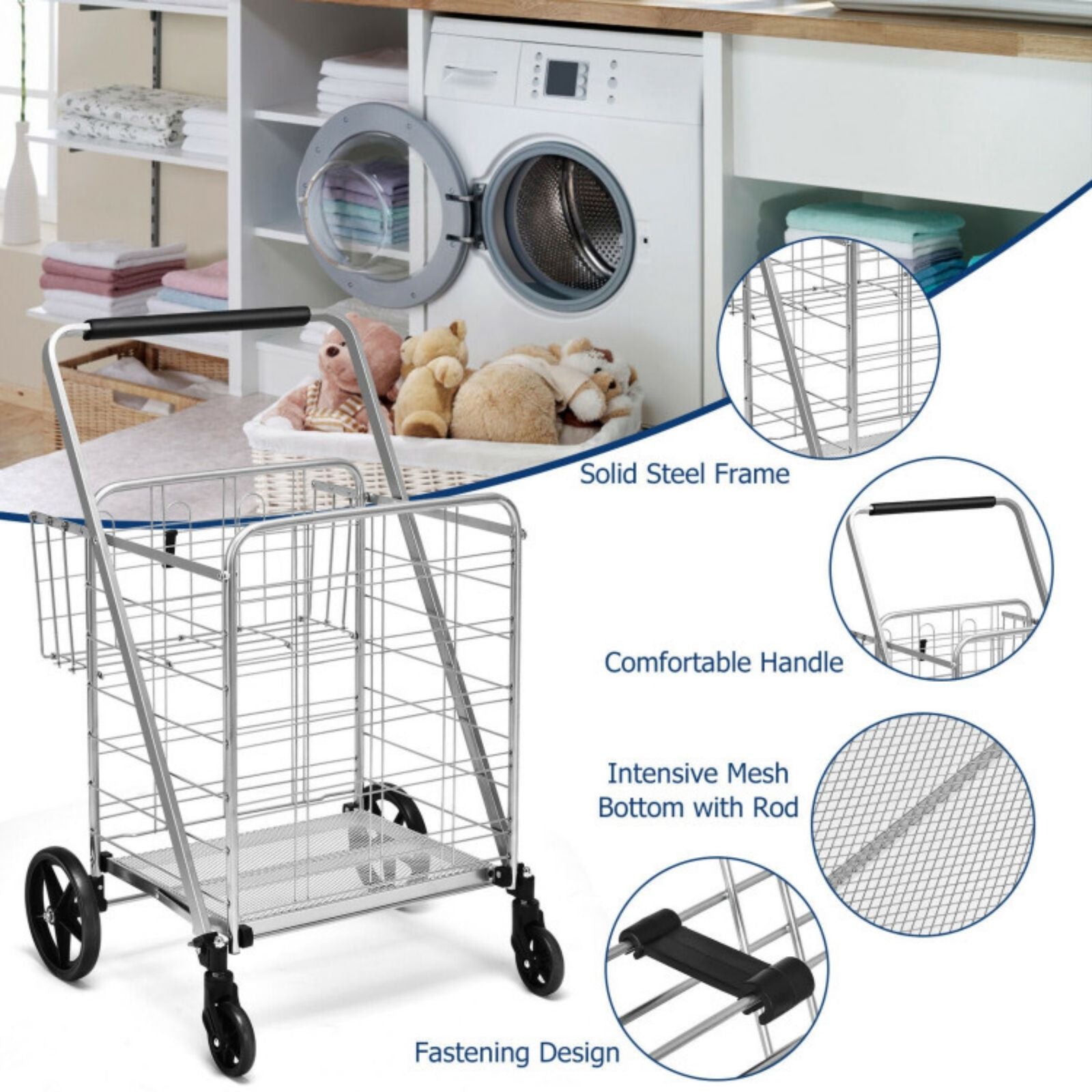 SUGIFT Heavy Duty Folding Utility Shopping Double Cart-Silver