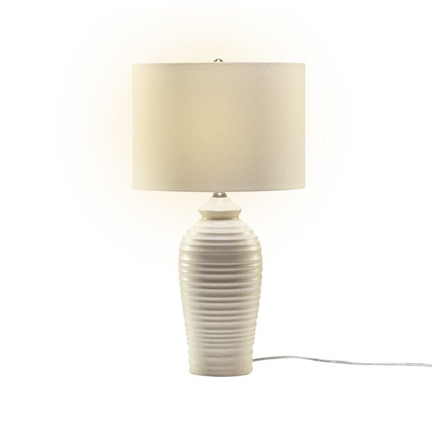 SUGIFT 24.7inch Modern LED Bedside Table Lamp with Drum-Shaped Linen Shade Beige