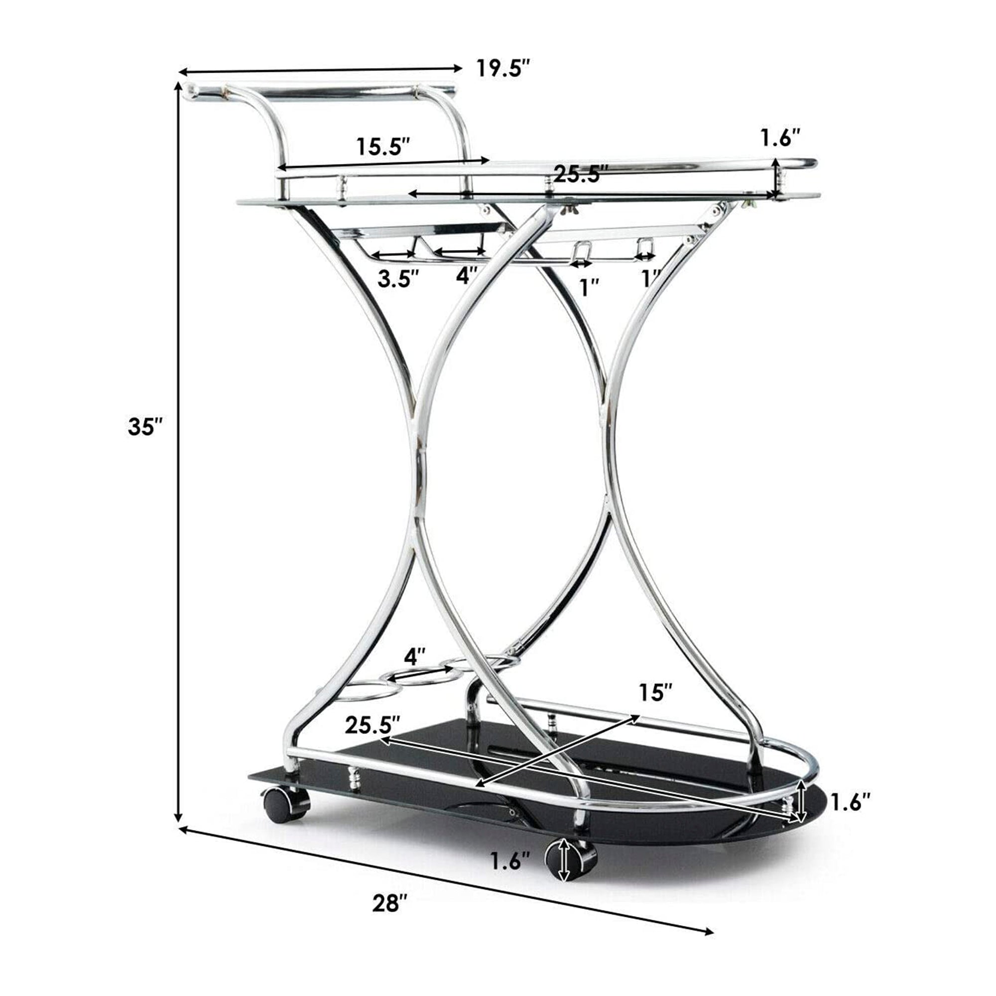 Black Glass Serving Kitchen Cart with 2-Tempered Glass Shelves