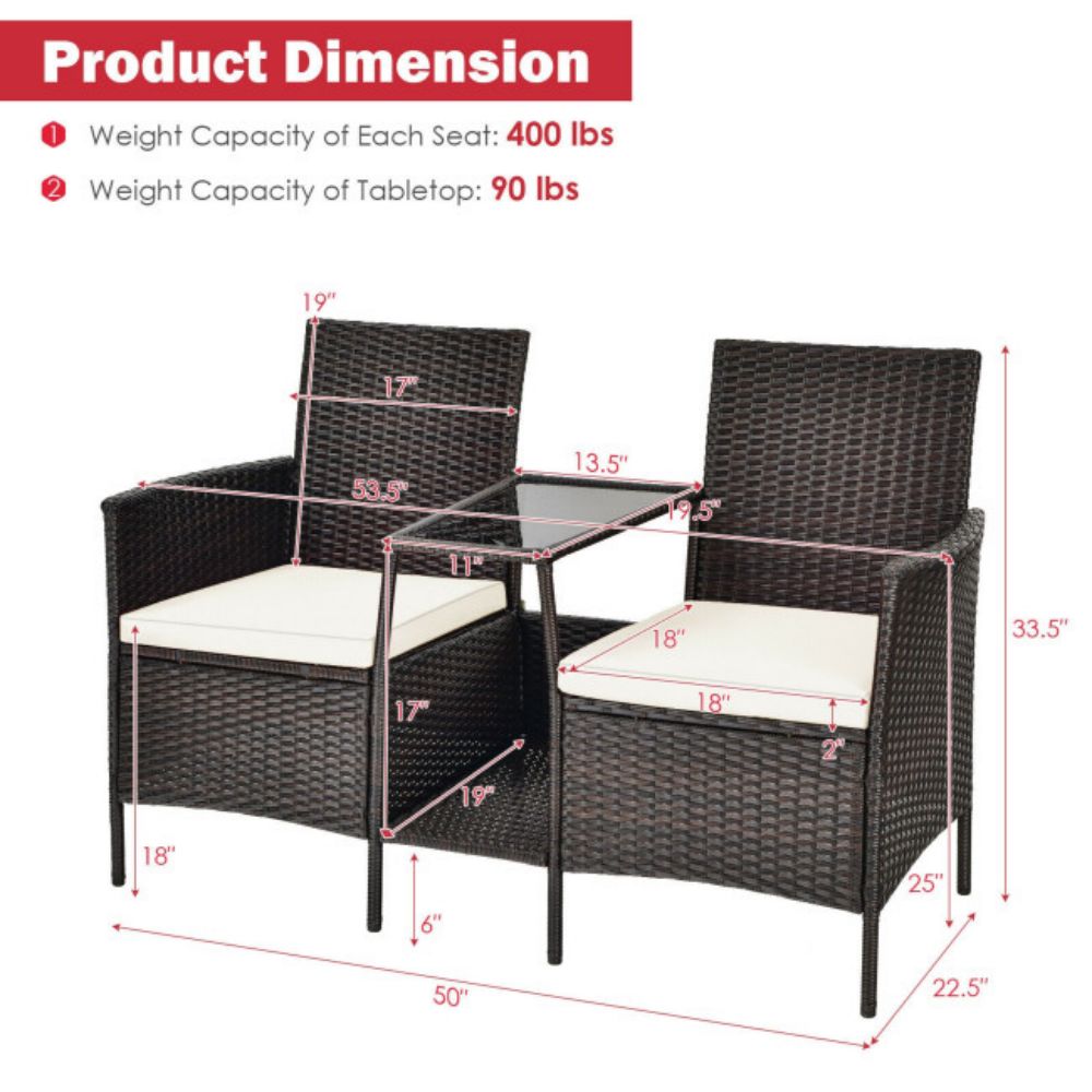 1-Piece Rattan Wicker Patio Conversation Loveseat Set with White Cushions and Glass Table