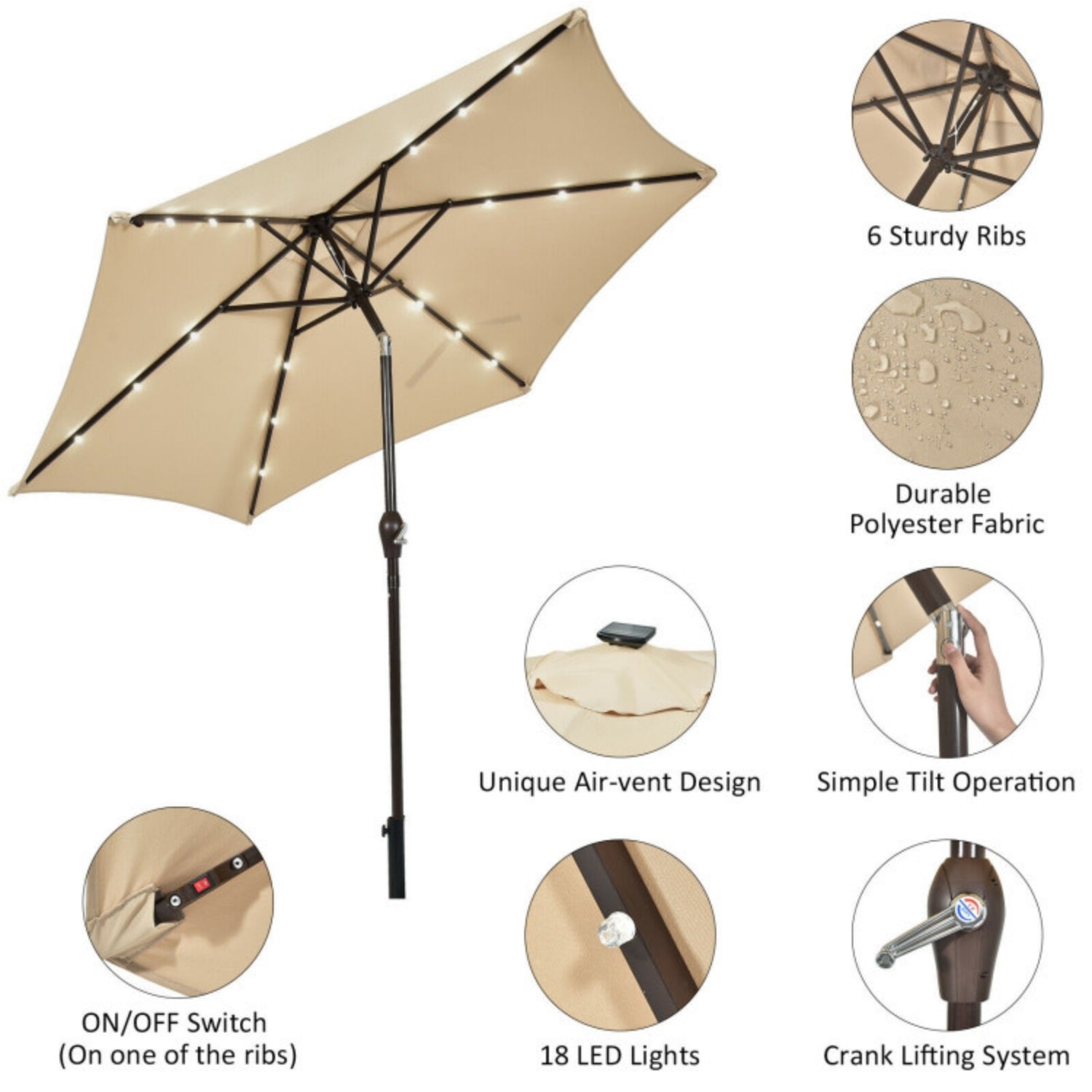 SUGIFT 9 Feet Solar LED Lighted Patio Market Umbrella Tilt Adjustment Crank,Beige