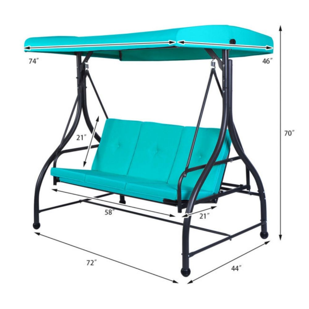 3-Person Black Metal Patio Swing with Turquoise Cushion