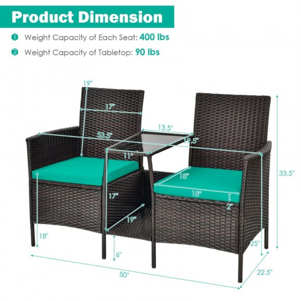 1-Piece Patio Rattan Wicker Conversation Loveseat Set with Turquoise Cushions and Glass Table