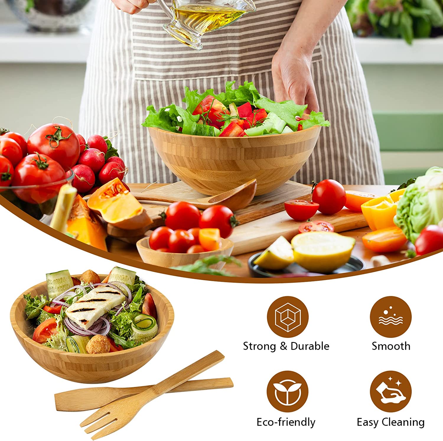 100 fl.oz. Natural Brown Bamboo Wood Salad Bowl Set (Set of 8)