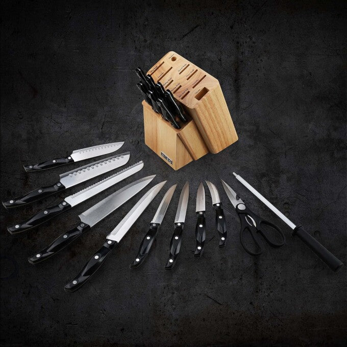 18 Piece Kitchen Knife Set with Block Wooden, Manual Sharpening for Chef Knife Set, German Stainless Steel