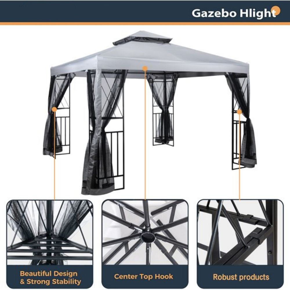 10 ft. x 10 ft. Light Gray Patio Gazebo with Mosquito Net and Corner Shelves