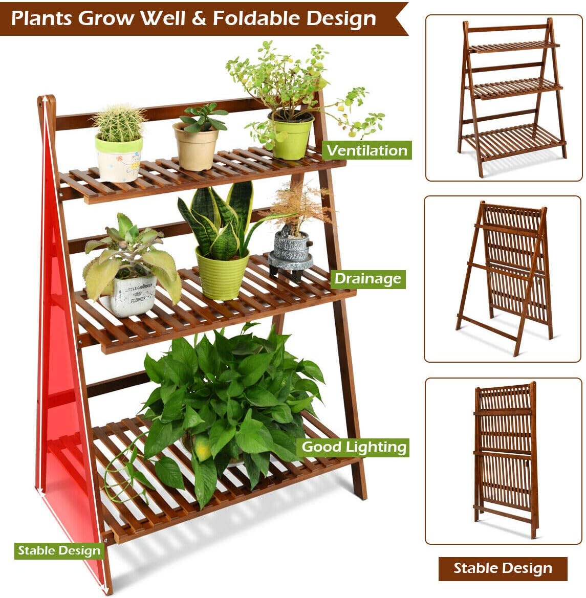 3-Tier Indoor/Outdoor Garden Bamboo Wood Folding Flower Shelf