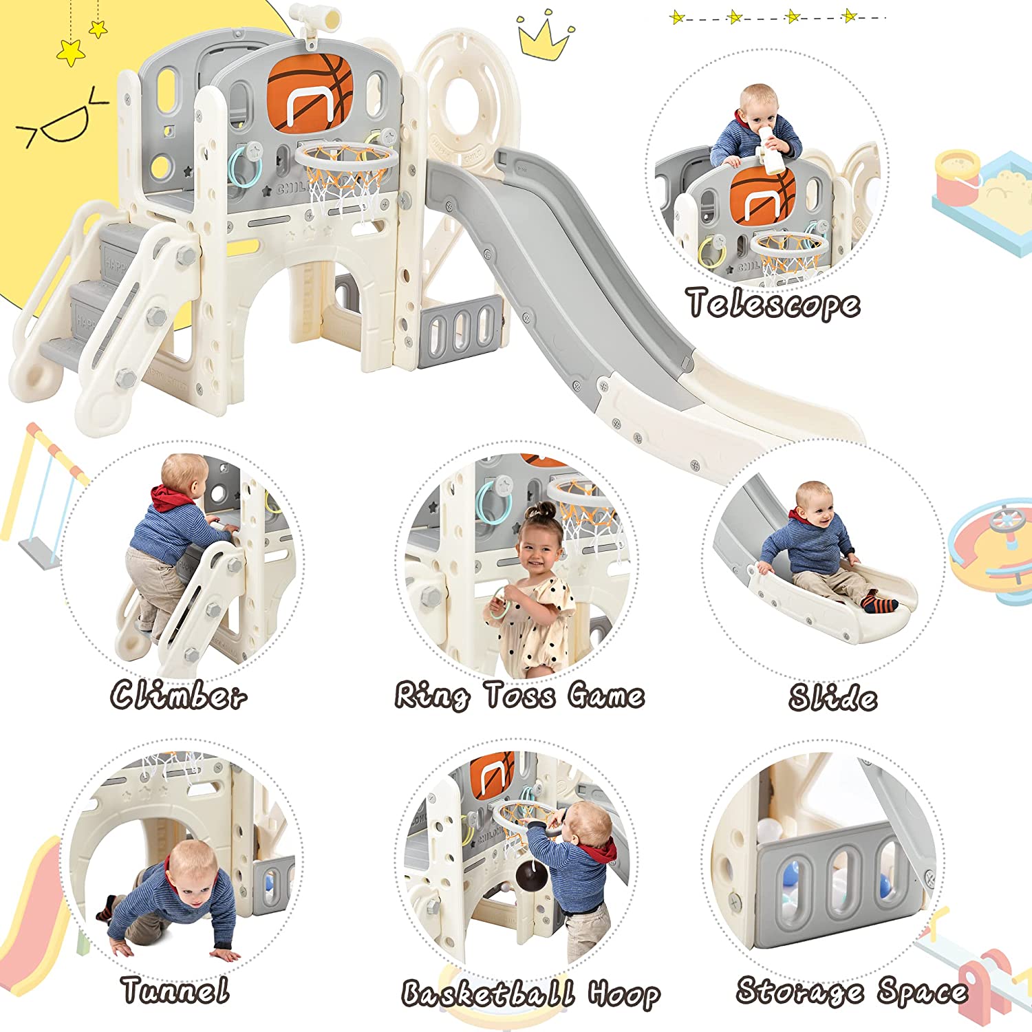 SUGIFT 7-in-1 Kids Slide with Climber, Basketball Hoop, Tunnel, Telescope and Storage Space