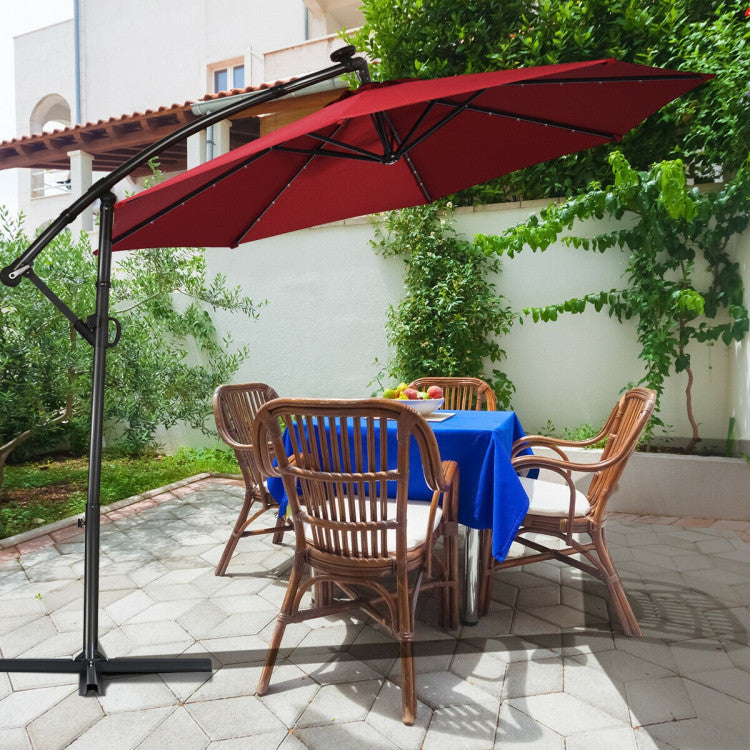 10 ft. 360-Degrees Rotation Aluminum Tilt Cantilever Patio Umbrella with LED Lights and Cross Base in Wine