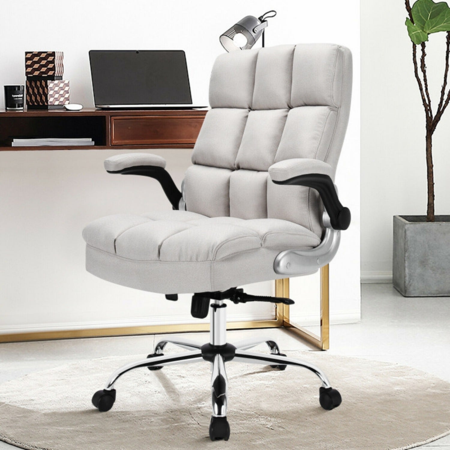 SUGIFT Adjustable Swivel Office Chair with High Back and Flip-up Arm, Beige