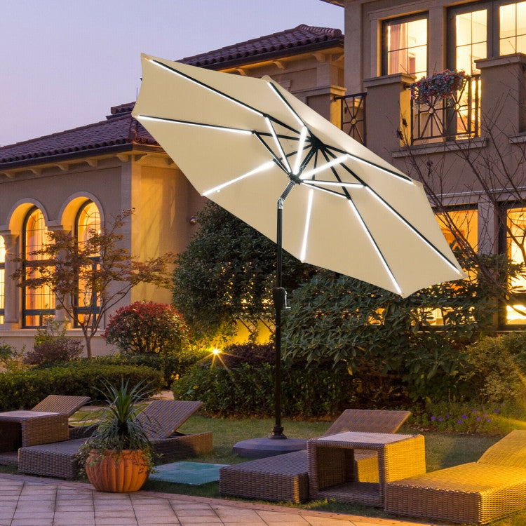 9 ft. Aluminum Market Solar Tilt Patio Umbrella with Crank and 16 Strip Lights in Beige