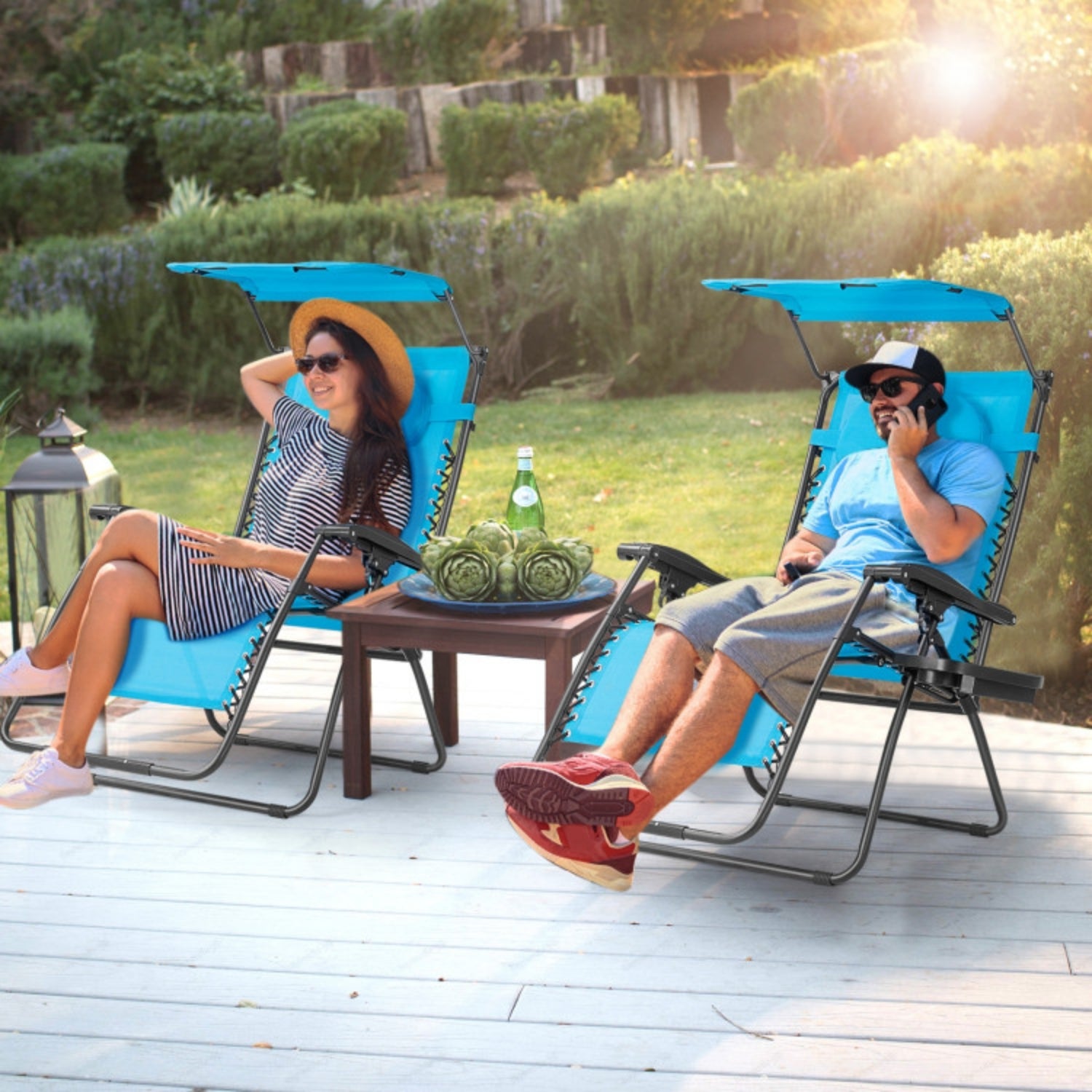 SUGIFT Folding Recliner Lounge Chair with Shade Canopy Cup Holder, Turquoise