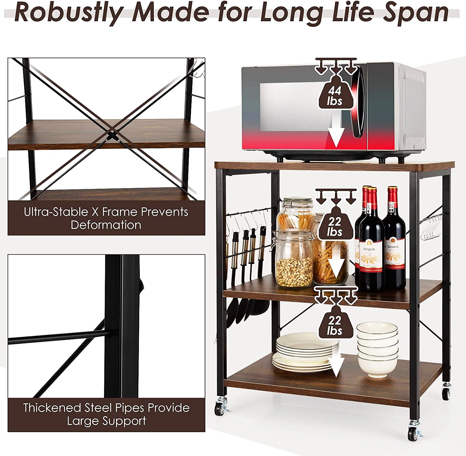 3-Tier Brown Wood Kitchen Cart with 10-Hooks